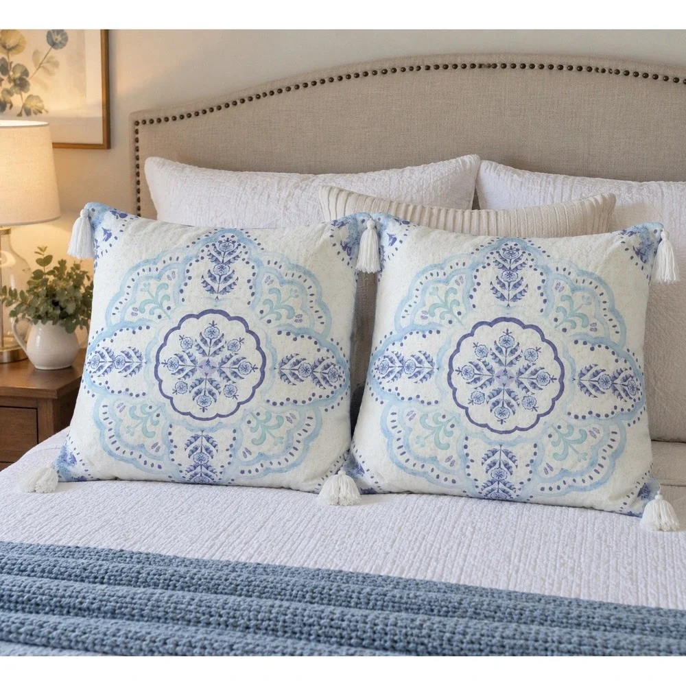 PB Teen Euro Pillow Shams Pair 26x26 Blue White Medallion Tassel Boho
